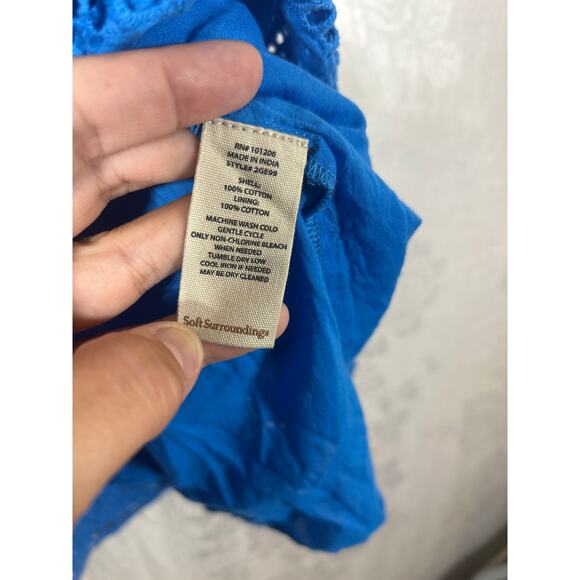 Soft Surroundings Dress 14 Blue Eyelet Tiered Long Slv Knee Length Lined Crochet - Picture 7 of 9